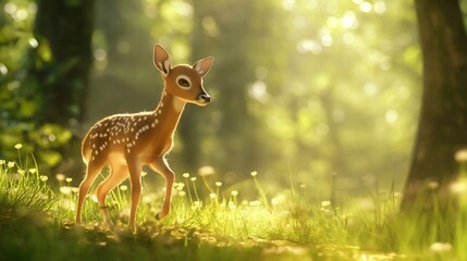 A playful baby deer prancing through a sun-dappled forest glade - obrazy, fototapety, plakaty