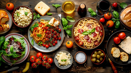 Italian cuisine is a table with a wide variety of dishes. - obrazy, fototapety, plakaty