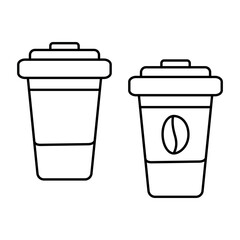 2 isolated ouline drawing disposable cups with lid. Design concept for logo, sticker, icon. Set of 2