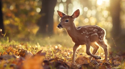 Rolgordijnen A playful baby deer prancing through a sun-dappled forest glade © Image Studio