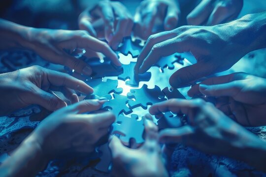 Teamwork concept with hands and puzzle pieces - Multiple hands orchestrate together to fit puzzle pieces illuminated by a focused blue light symbolizing collaboration and unity