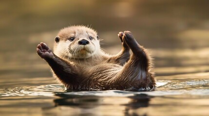 A playful baby otter floating on its back in water