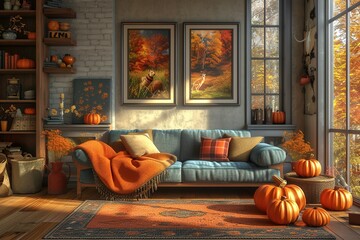 Modern living room with sofa and fireplace decorated with pumpkins for thanksgiving day. AI Generative. - obrazy, fototapety, plakaty