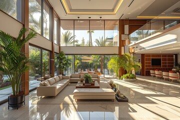 Modern spacious villa apartment. Hall entrance room, lobby with big windows, terrace.Vacation, relax, wellness spa resort, hotel. Real estate. Interior design.