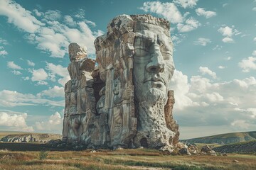 A towering colossus of stone stands prominently in the middle of a field. Generative AI