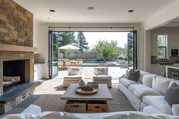 Open plan living room with white kitchen and. Cozy patio with a fireplace