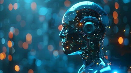 Advanced Artificial Intelligence Robot Head Glowing with Digital Circuitry and Holographic Elements against a Futuristic Bokeh Backdrop