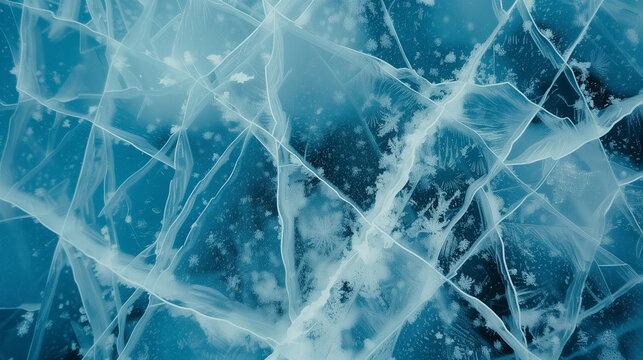 Detailed texture background of thin clear ice surface with blue icy cracks