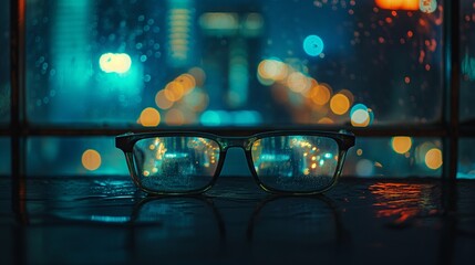 A reflection of city lights in the lenses of a pair of glasses left on a windowsill