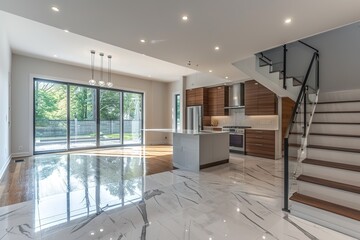 Real estate photography - New big luxury modern house in Montreal's suburb partially furnished with backyard, empty rooms, closets, basement and garage