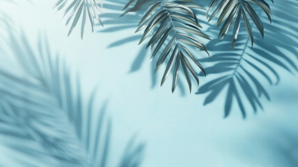 Palm leaves on textured blue wall.