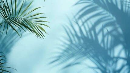 Palm leaves on textured blue wall.