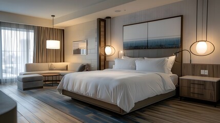 Elegant Hotel Suite Featuring Contemporary Pendant Lighting and Comfortable Seating