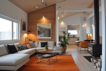 Scandinavian, mid-century home interior design of modern living room.