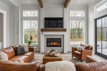 Simple living room in a modern farmhouse with little decoration Brown leather sofa and armchairs with a gas fireplace with a raw edged wooden mantel. - obrazy, fototapety, plakaty