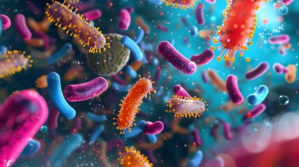 Fototapeta premium Vibrant Microbiological Diversity: A 3D Rendering of Colorful Bacteria and Microorganisms