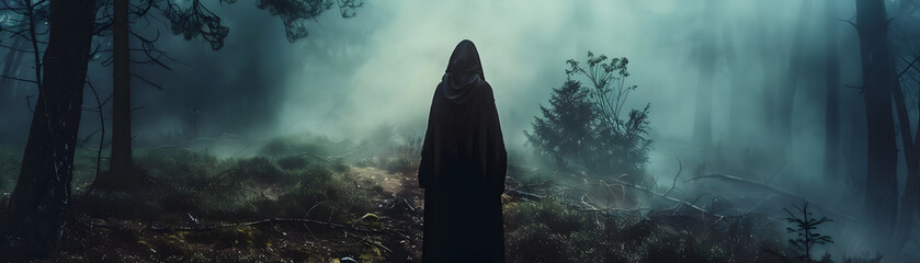 Mysterious Figure in Misty Forest Gazing into Ethereal Light of Unknown Origin - obrazy, fototapety, plakaty