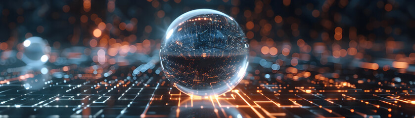 Circuit-Embellished Glass Sphere Illuminating a Futuristic Digital Landscape - obrazy, fototapety, plakaty