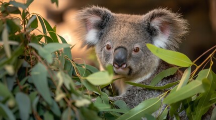 A round-faced koala munching on eucalyptus leaves