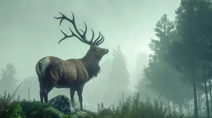 Fotobehang A regal stag standing proudly amidst a misty forest, antlers reaching towards the sky © Image Studio