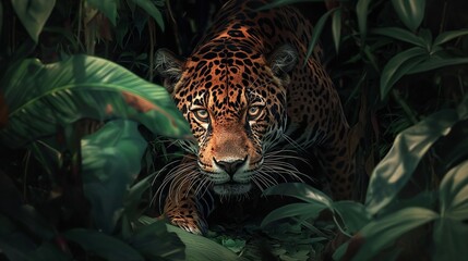 A sleek jaguar prowling through dense jungle undergrowth, eyes gleaming with hunger - obrazy, fototapety, plakaty