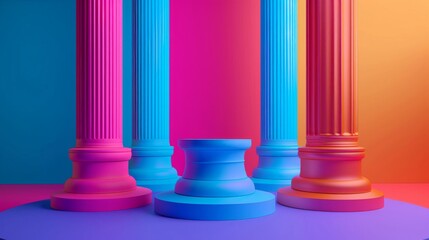 Pedestals bathed in vibrant colors stand as symbols of success and achievement,  making a bold statement.