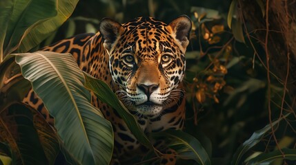 A sleek jaguar prowling through dense jungle undergrowth, eyes gleaming with hunger