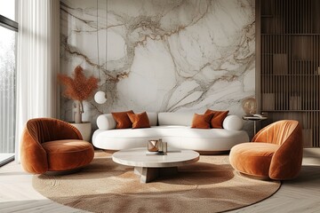 Two brown lounge chairs against white sofa and round coffee tables. Mid-century home interior design of modern living room with marble wall.