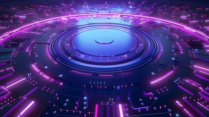 Circular Futuristic Cyberpunk Stadium with Glowing Neon Lights - 3D Rendering