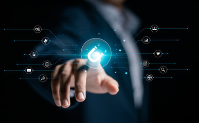Inbound marketing strategy concept. Creating attraction for customer groups. Businessman touching...