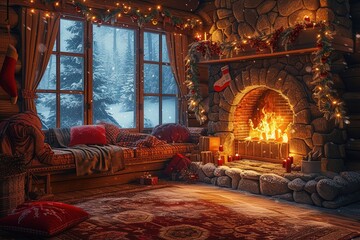 Warm and cozy fireplace in winter log cabin, christmas time, illustration.