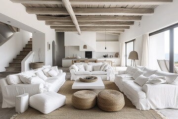 White living room, white sofa, armchairs