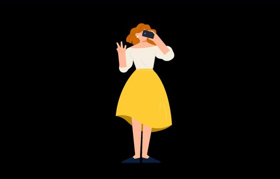 2D Illustration of Blonde Girl Wearing Yellow Skirt Taking Photos with Camera. Alpha Channel.