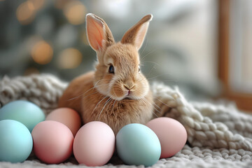 Sweet Bunny Surrounded by Easter Eggs on a Blanket