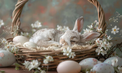 Easter Naptime: Adorable Bunny Relaxing in Basket Surrounded by Colorful Eggs