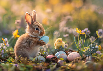 Brown Bunny, Easter Eggs, and a Yellow Chick

