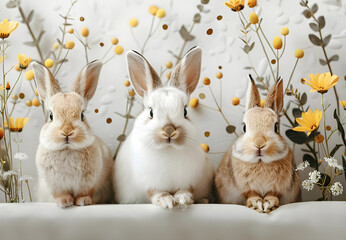 Three Rabbits Nestled on a Sofa with Floral Backdrop