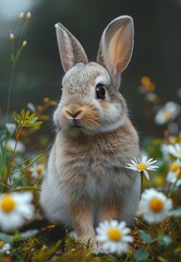 Cute Bunny Basks in a Meadow of Blossoms