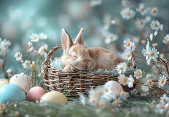 Whimsical Bunny Resting Amidst Colorful Eggs