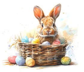 Bunny's Treasure Trove: Watercolor Basket Overflowing with Easter Eggs