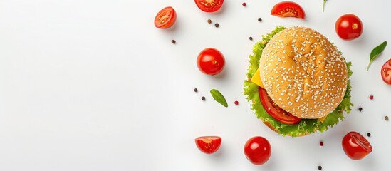 Top view of delicious burger with tomatoes, cheese slices and lettuce on white background.