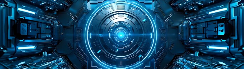 Futuristic Sci-Fi Portal: Intricate Metallic Design with Blue Glow - Spaceship Interior