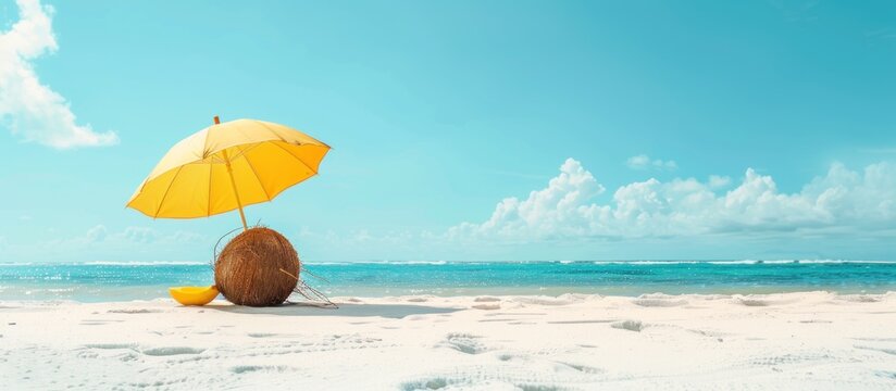 Tropical beach summer concept made of coconuts and sun umbrellas. generative AI image