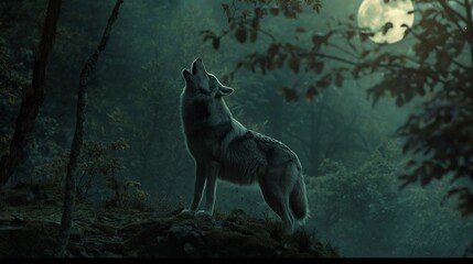A solitary wolf howling at the moon in the dead of night, its haunting cry echoing through the forest