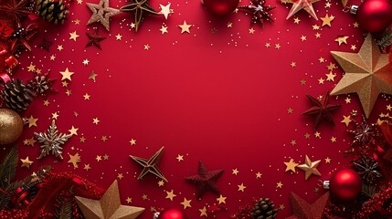 Christmas red background with christmas stars, snowflakes and xmas decoration. Copy space for text