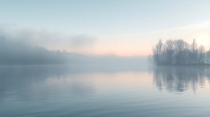 misty morning on the river - obrazy, fototapety, plakaty