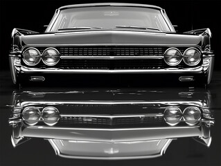 Black and white photo of the front end of an old Lincoln in a black background, reflection on the glass surface, glossy finish, symmetrical composition, frontal perspective, high contrast lighting
