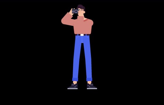 2D Animated Tall Boy Standing and Clicking Pictures with Camera. Alpha Channel.