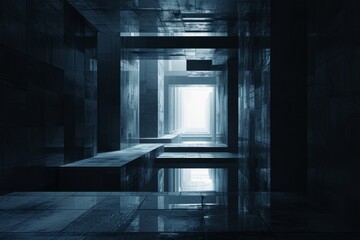 Dark futuristic image with high-tech rectangular block structure, textured walls, and 3D render