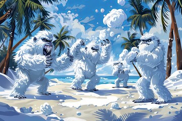 White furry yetis enjoying a snowball fight on a beach covered in snow. Generative AI